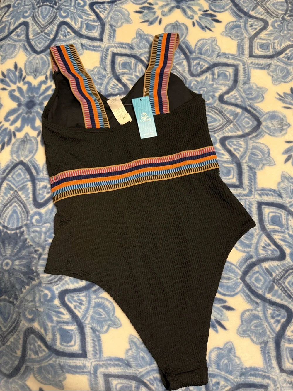 Cupshe Black One-Piece Swimsuit with Multicolor Striped Waistband and Straps